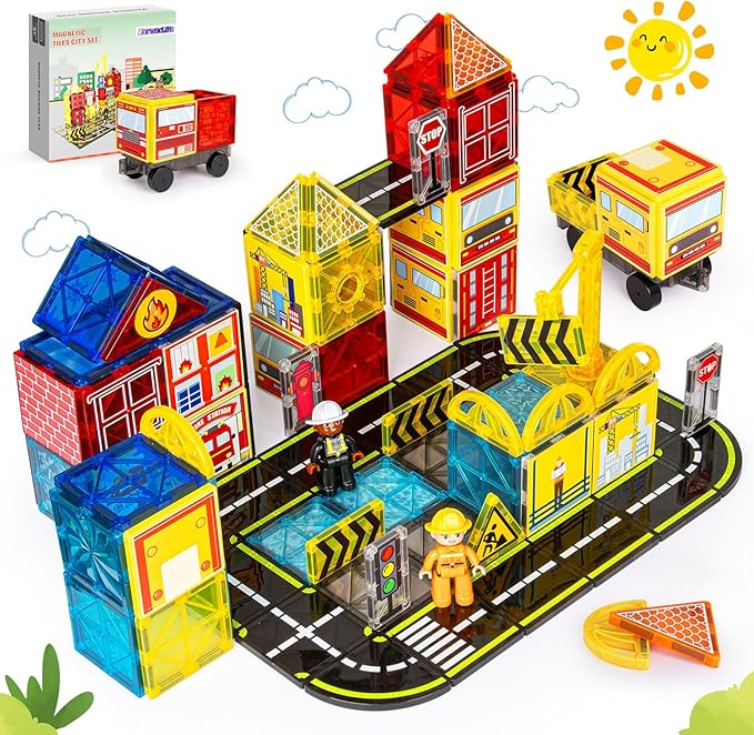 Magnetic Tiles Road Set with Fire Trucks & 2 Dolls, Double-Sided Magnet Tiles with 2 Cranes, Toys for Boys Ages 3-5 5-7, STEM Learning Construction Toys Include Car, Stations, Signs, Gifts for Kids 3+