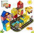 Magnetic Tiles Road Set with Fire Trucks & 2 Dolls, Double-Sided Magnet Tiles with 2 Cranes, Toys for Boys Ages 3-5 5-7, STEM Learning Construction Toys Include Car, Stations, Signs, Gifts for Kids 3+
