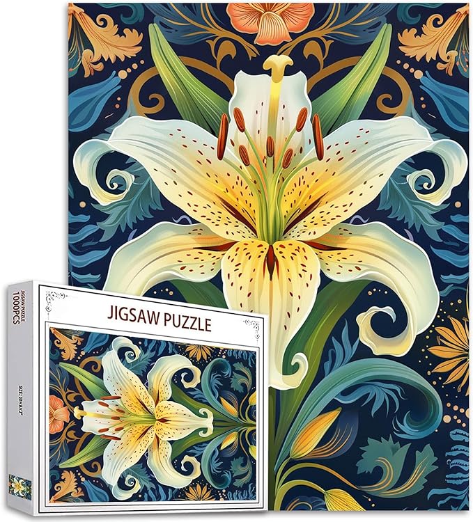 White Lily Flower Jigsaw Puzzle 1000 Pieces Puzzles for Adults,Green Plant Jigsaw Puzzles for Challenging Family Activity Games Colorful Russian Palekh Puzzle for Home Decor Gifts - 20 x 27 Inch