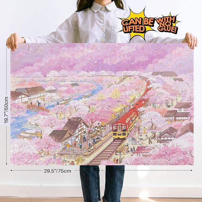 MOMIBOOK 1000 Piece Puzzle for Adults Jigsaw Puzzles of Arashiyama Sakura Tour, Painting Image Cherry Blossom Difficult Challenging Impossible Puzzle Unique Party Christmas Birthday Gifts