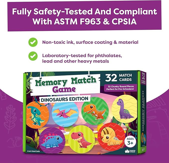 Dinosaur Toys for Kids 3-5 Matching Game - 32pc Dinosaur Games for Kids Memory Game - Kindergarten Preschool Educational Toys - Gifts for 3 Year Old Boys & Girls