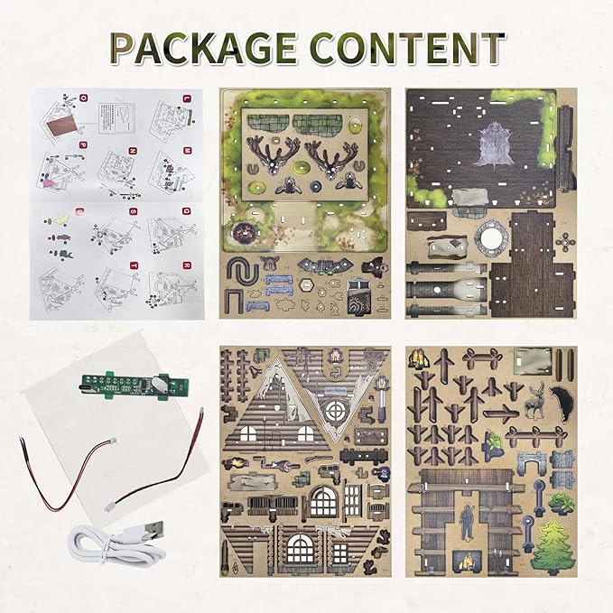 Model Kit Adult Miniature House Kit, Doll Houses Book Nook DIY Kit with Furniture and USB -LED Light, Bookshelf Miniature Scenes, Dollhouse Kits for Adults, Children (Hunting-Cabin)