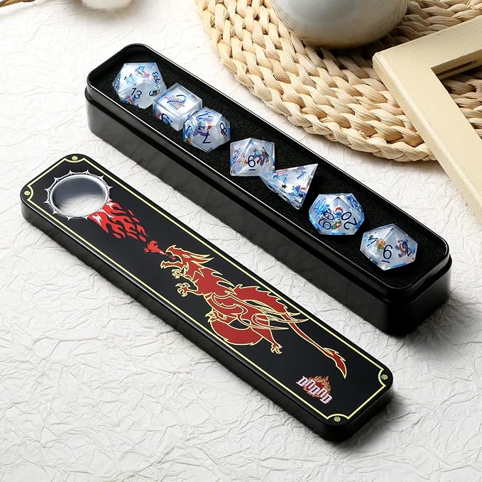 DNDND Carton Dice 7 Piece Sharp Edge Dice Set D&D with Carton Stickers for Dungeons and Dragons D&D Table Games (Silver with Carton)