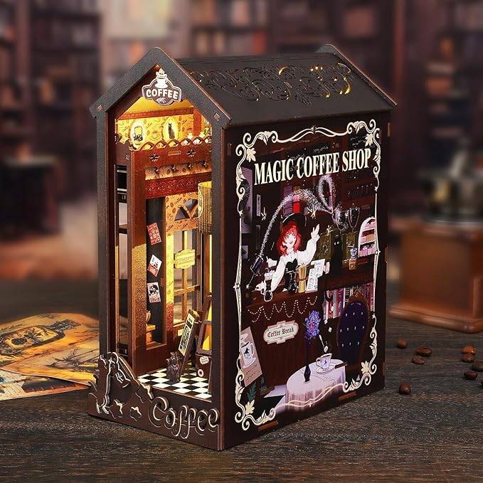 DIY Book Nook Kit, Miniature Dollhouse Bookshelf Insert with Light, Laser-Cut Wooden Craft Set for Adults, Perfect for Teens and Adults, Coffee Shop