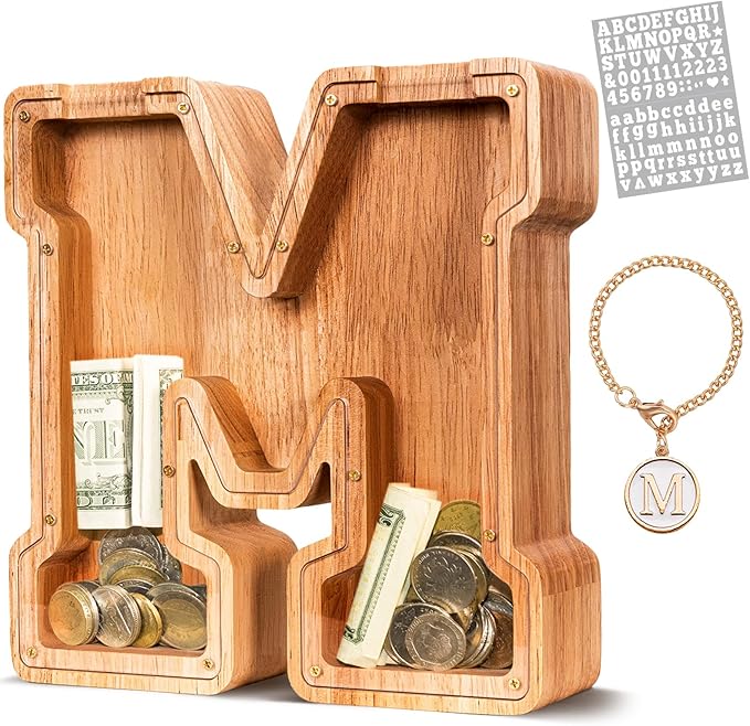 KMC Wooden Letter Piggy Bank, Personalized Initial Piggy Bank for Kids Boys, Clear Alphabet M Wood Money Box, Unbreakable Coin Saving Jar, Birthday, for Children