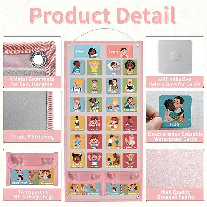 Yoink 81 Cards Feelings Chart for Kids, Emotions Chart Poster for Coping Skills, Mental Health Chart for Toddlers Emotional Learning, Calm Down Corner Supplies Preschool Homeschool Must Haves, Pink