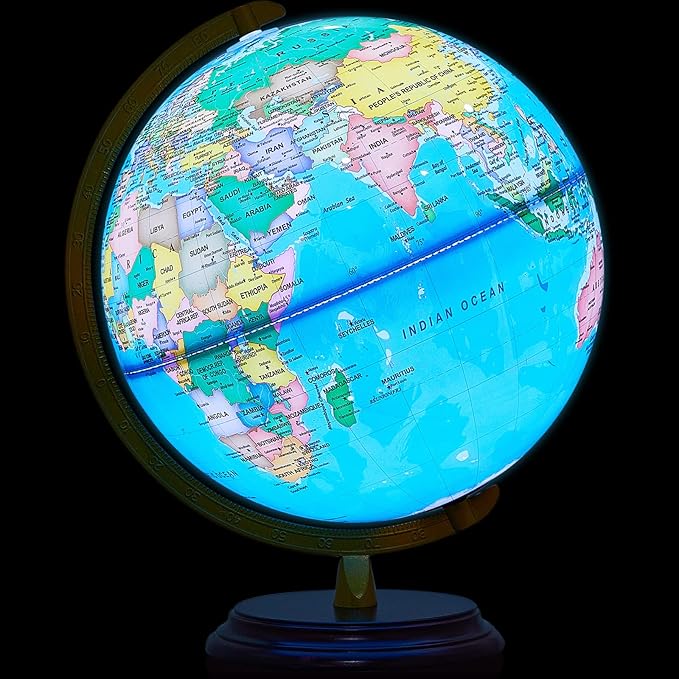 Amylove 13'' Illuminated World Globe for Adults 720°/360° Rotation Rewritable Light Up Globe with Stand World Map for Interactive Learning Light with Base Lamp LED Decor (Brown Wood,Classic)