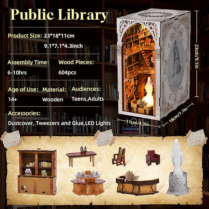 Book Nook Kit, DIY Miniature Dollhouse Booknook Kit with Led Light and Dust Cover (Public Library)