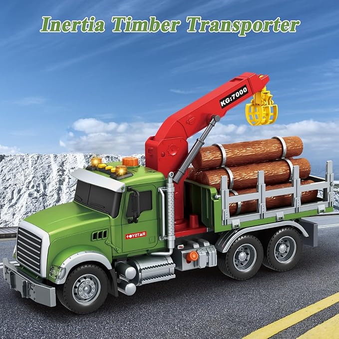 Mostop Logging Truck Kids Toy for 3 4 5 6 7 8 Year Old Boys, 15’’ Farm Logging Truck with Crane and 6 Trunks, Lights, Sounds, Friction Powered Timber Transport Log Tow Truck Toy Birthday Gift
