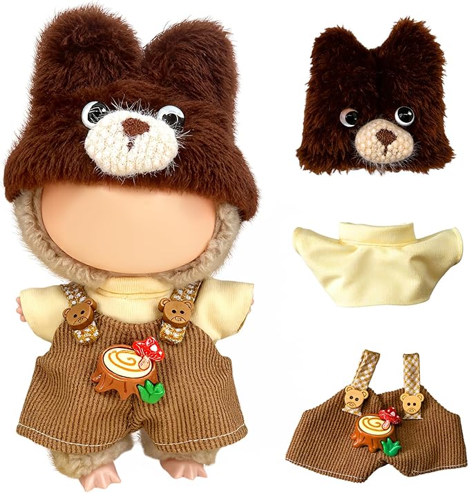 Overalls Doll Clothes,17cm/15cm Dolls Outfit Set,Accessories for Doll ,Stylish Clothes Set for Dolls Dress Up (No Doll)(Dark Brown)