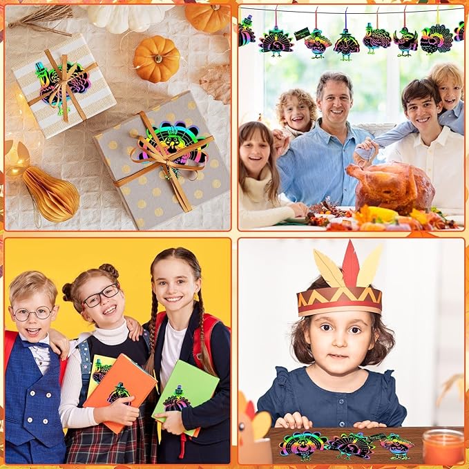 AUGSUN 96Pcs Thanksgiving Fall Crafts, Magic Rainbow Scratch Paper Art Cute Turkey Crafts Activity Gifts Autumn Harvest Thanksgiving Party Favors