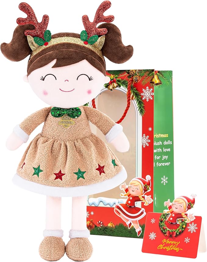 Gloveleya Christmas Reindeer Girl Plush Doll – 16" Soft Stuffed Animal Holiday Toy with Antlers, Gift Box & Card, Xmas Present for Toddler Girls, Baby Shower & Birthday Gift