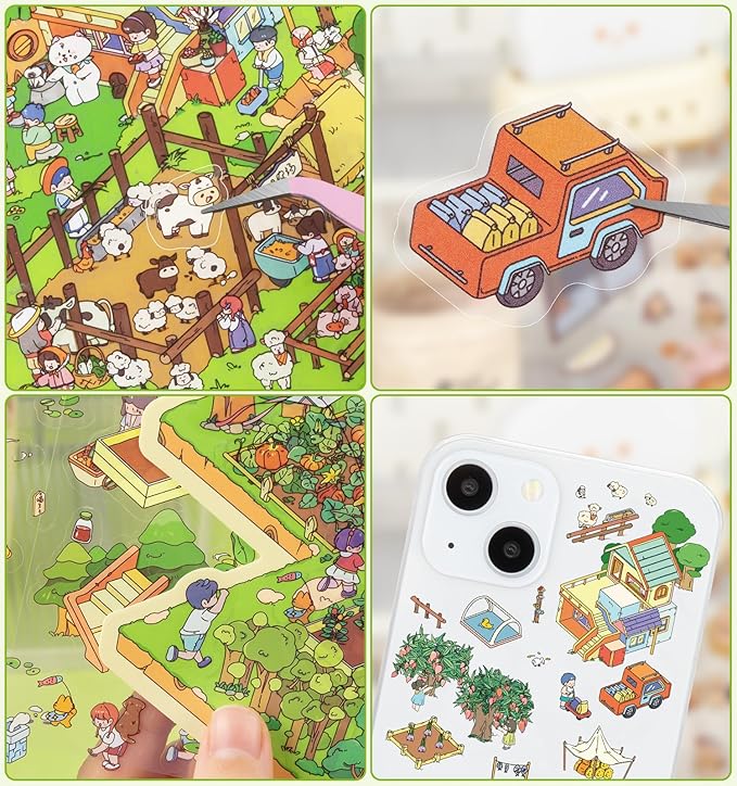 DIY 3D House Stickers, 4 Sets Fun DIY Stickers Scene Make Your Own Mini House Cute Cartoon Animal Scene Stickers for Kids Adult Sticker Art Relief Stress Pass The Time-Large Size