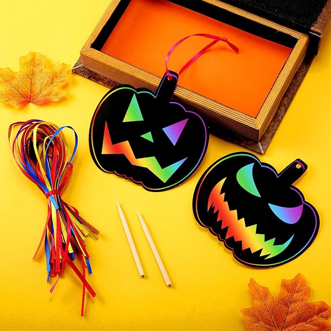Outus 48 Pieces Halloween Scratch Art Paper Crafts Kit Rainbow Pumpkins Scratch Craft Art Halloween Decor with 12 Wooden Sticks and 48 Colorful Ribbons for Trick or Treat Party Supplies DIY Ornaments