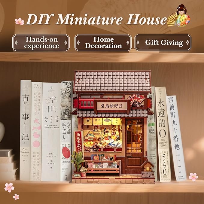 CUTEBEE Book Nook Kit - DIY Miniature House Japanese Fan Shop Dollhouse Kit for Adults and Teens, Booknook Tiny House Bookshelf Decor 3D Wooden Puzzle, Gifts for Family, Friends (Tsukino Eogi-dou)