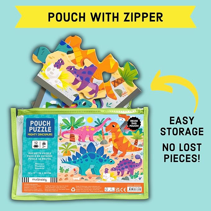 Mudpuppy Mighty Dinosaurs – 12 Piece Puzzle with Reusable Zipper Pouch Featuring Colorful and Fun Illustrations of Prehistoric Dinosaurs Perfect for Easy Storage and Travel