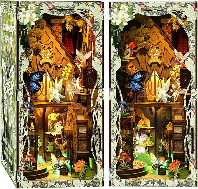Book Nook Kit - DIY Miniature Dolls House Kit with Furniture and LED Light, 3D Puzzle Wooden Art Bookends, Model Kits for for Adults and Teens (Secret Forest)