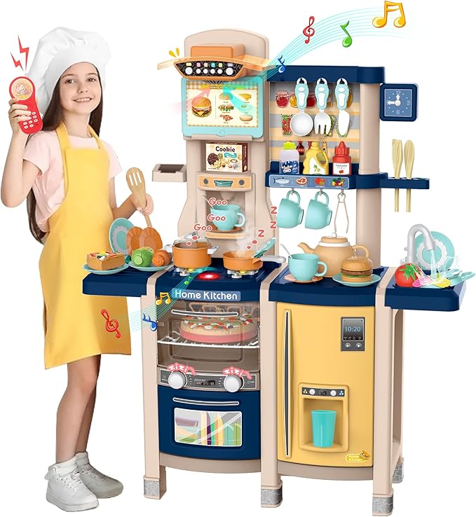 SANDINRAYLI 65Pcs Kids Kitchen Playset, Kitchen Toys, Large Toddler Play Kitchen Sets for Kids Ages 4-8, Pretend Toddler Kitchen for Girl & Boy 3-5, Baby Kitchen with Simulated Sound, Light, Blue