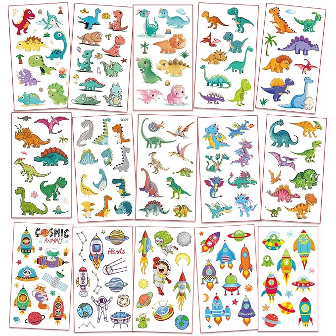 Waterproof Temporary Tattoos For Kids - 300 Pieces | Dinosaurs, Vehicles and Space | Temporary Tattoo Sheets for Boys | Party Favor for Goody Bags | Non-toxic、Skin-Safe*、Cosmetic-Grade