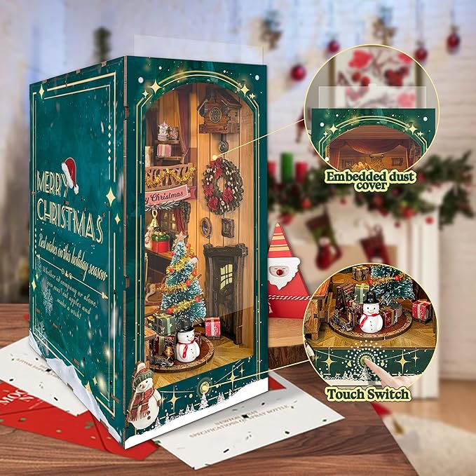 Christmas Book Nook Kit with LED Light - 3D Wooden Puzzles Booknook for Book Shelf Decor - DIY Dollhouse Kit - Book Nooks Decor with Dust Cover Jingle Cabin(SQ-34)
