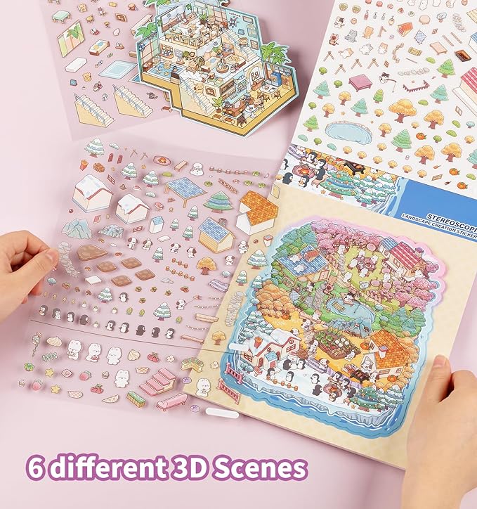 Sticker Book, 6 Sets DIY 3D House Stickers, Fun DIY Stickers Scene Make Your Own Mini House Cute Cartoon Animal Scene Sticker for Kids Adult Sticker Art Relief Stress Pass The Time