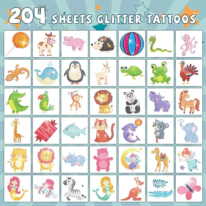 EMOME 204 Sheets Glitter Tattoos for Kids, Individually Wrapped Kids Temporary Tattoos for Girls and Boys, Fake Tattoo Stickers for Birthday Party Favors Supplies, Halloween Goodie Bag Stuffers