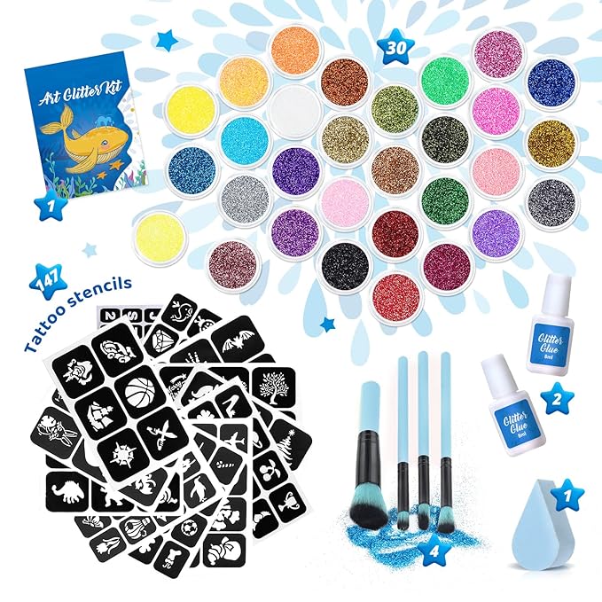 Temporary Glitter Tattoo Kids, Bledras 30 Colors Temporary Tattoo Set, 147 Stencils, 4 Brushes, 2 Glue, Glitter Tattoos for Kids or Adults, Gifts for Girls Boys, Carnival Birthday Festival Party