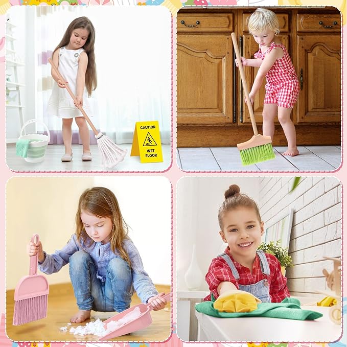 Lonico Wooden Kids Cleaning Toy Set for Toddlers Mop Broom and Dustpan Set, 12 Pcs Detachable Housekeeping Playset with Bucket Duster Brushes Pretend Play Cleaning Toys Gift for Boy Girl Age 3 4 5 6
