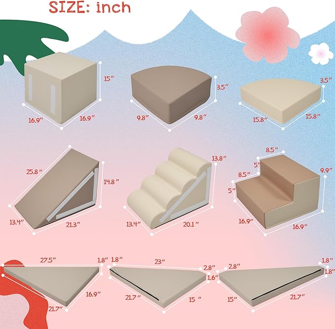 Merax Indoor Climbing Toys for Toddlers, 9-Piece Foam Climbing Blocks Climb & Crawl Tunnel Soft Play Set (9-Piece Cappuccino)