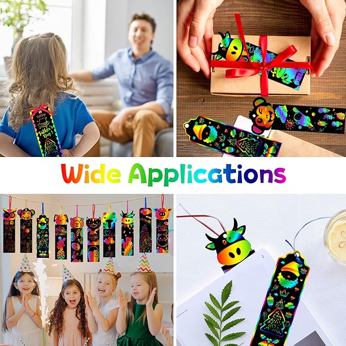 100 Sets Scratch Art Bookmarks Making Kit, DIY Crafts Animal Bookmarks for Kids with 100 Ribbons and 100 Wood Stylus for Boys Girls Classroom Activities Birthday Party Favors, 13 Styles(B)