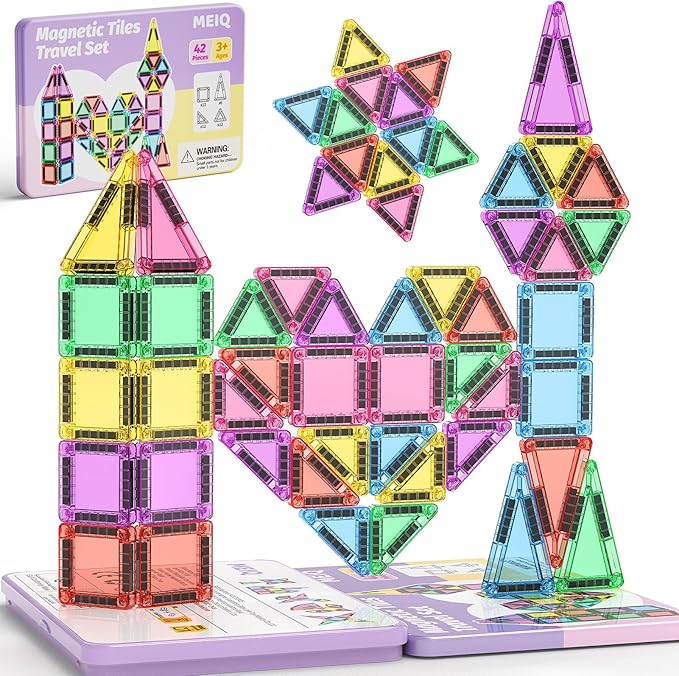 42-Piece Mini Magnetic Tiles Travel Set with Metal Storage Box - Portable STEM Building Blocks for Kids Ages 3-8, Montessori Educational Toys for Airplane & Car Rides, Gift for Boys & Girls