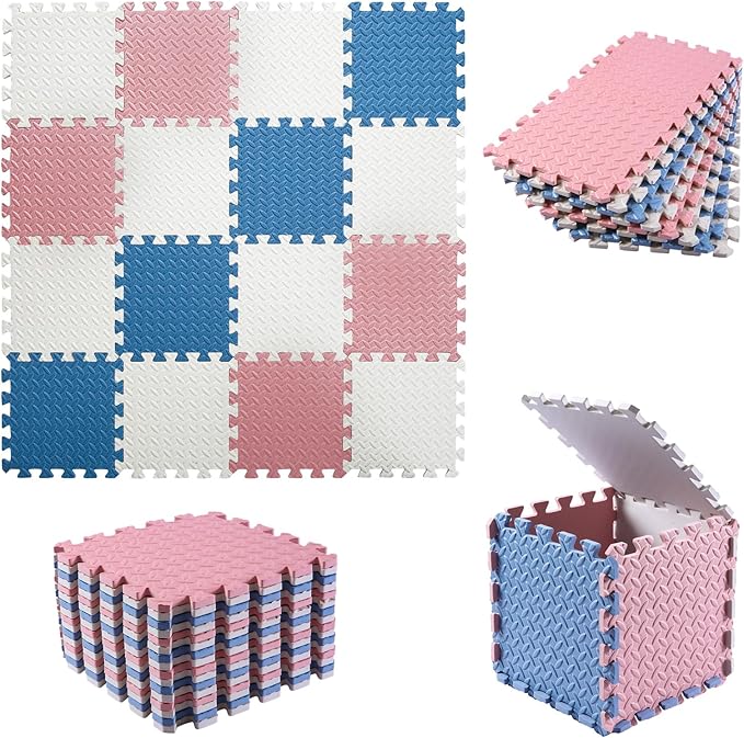 Foam Floor Mats for Kids, 12 x 12 Inch 16 Tiles 0.4" Thickness Foam Play Mat, Non-Toxic Square Interlocking Floor Mats Rubber Baby Play Mat for Toddlers(White/Gray Blue/Lori Pink)