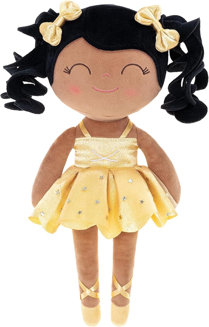 Gloveleya Baby Dolls Soft Snuggly Curly Hair Ballerina Doll First Baby Girl Gifts Plush Tanned Ballet Doll with Lace Mesh Dress Golden 14inches Ballerina Series