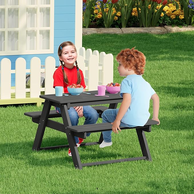 Costaelm Kids Picnic Table, HDPE All Weather Outdoor Toddler Picnic Table and Chair Set Kids Bench for Patio, Backyard, Garden, Lawn, Gray