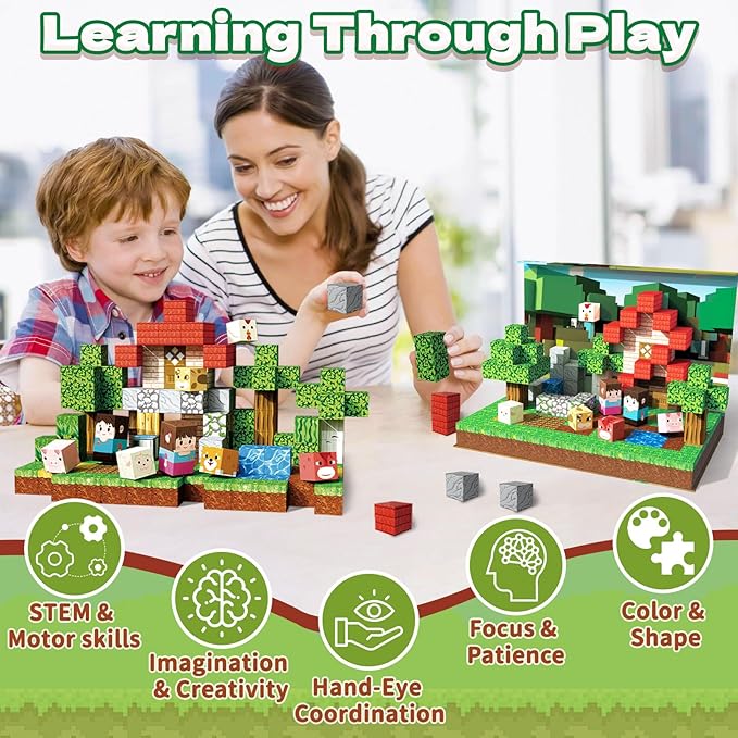 100PCS Magnetic Blocks - Travel Magnetic Building Blocks Set with 2-in-1 Magnet Box, Magnet Cubes Build Forest Farm STEM Sensory Construction Toys for Boys & Girls Ages 3-5 4-8 8-12 Birthday Gifts