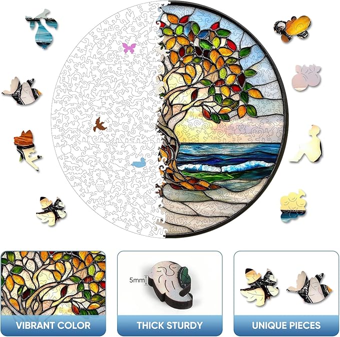 Ruikiyart Wooden Puzzles for Adults, 5MM 200 Pieces Coast Tree Wooden Jigsaw Puzzles, Tree of Life Puzzle Unique Shaped for Adults and Kids on Birthday, Christmas Family Puzzle Games (11.2"*11.2")