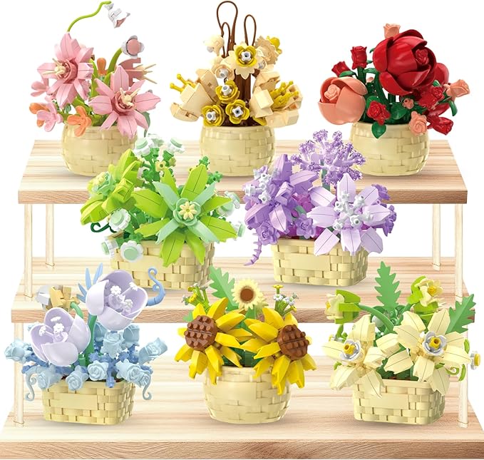 8 Pieces Flower Block Set, Plant and Succulent Toys，Birthday Gift for Women and Girls As a Decoration or Adult Block Toy