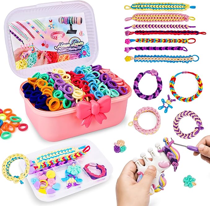 Bracelet Making Kit for Girls Ages 8-12, Weaving Rainbow Bands kit,DIY Toys for Friendship Birthday Gifts for Kids 6 7 9 10 11 13 Year Old, 1200+ Elastic Cloth Rubber Band Fabric Loops