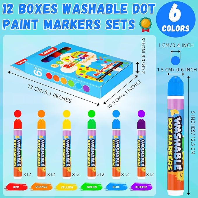 Crtiin 72 Pack Dot Markers Bulk, 6 Colors 12 Boxes Washable Dot Paint Markers for Kids Bingo Daubers Supplies Ideal for Activity Craft Kits Coloring Supplies Class Gift Art Party Favors
