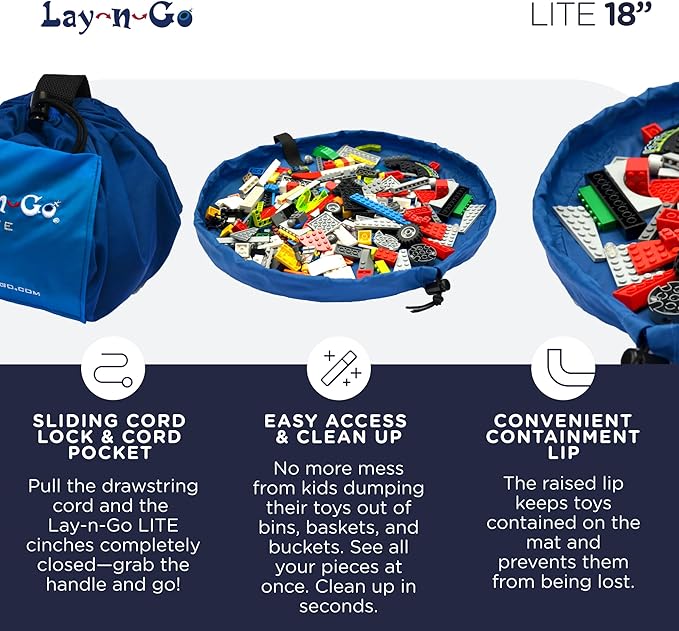 Lay-n-Go 2-in-1 Small Portable Drawstring Toys Storage Organizer and Play Mat for Room and Travel, Made for Kids and Toddlers with a Durable Patented Design