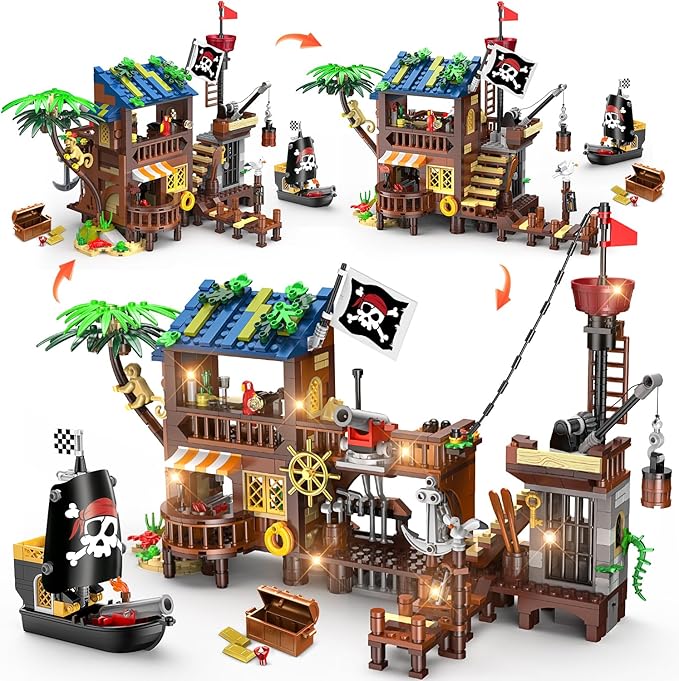 3 Style Pirate Ship Wharf Building Set with LED Light - 781PCS Medieval Pirate's House Building Block Toy, Architecture Bricks Kit for Kids Girls Boys Ages 6-12+ Birthday Gifts