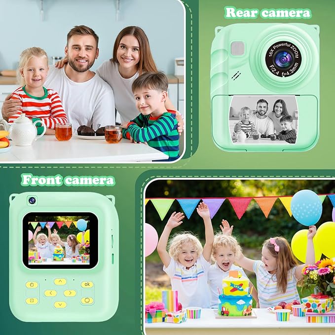 Instant Print Camera for Kids, 1080P Video Camera with 3 Print Rolls, 32GB Card & Cute Cover, Gift for Girls Boys Age 3-12, Toddler Digital Camera with Games, Filters, Music – Green