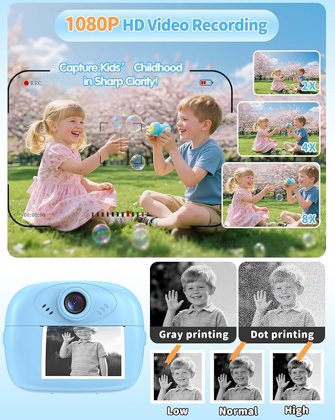 Kids Instant Print Camera,1080P Video Instant Digital Camera for Kids, Christmas Birthday Gift for Girls and Boys Age 3 4 5 6 7 8 9 10, Toy Camera with 32GB SD Card,Christmas Stocking Stuffers,Blue