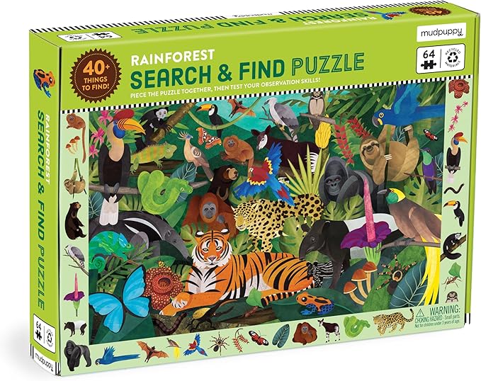 Mudpuppy Rainforest — 64 Piece Search & Find Puzzle Jigsaw Puzzle Featuring Diverse and Exotic Rainforest Animals and Over 40 Hidden Images to Find for Ages 4+