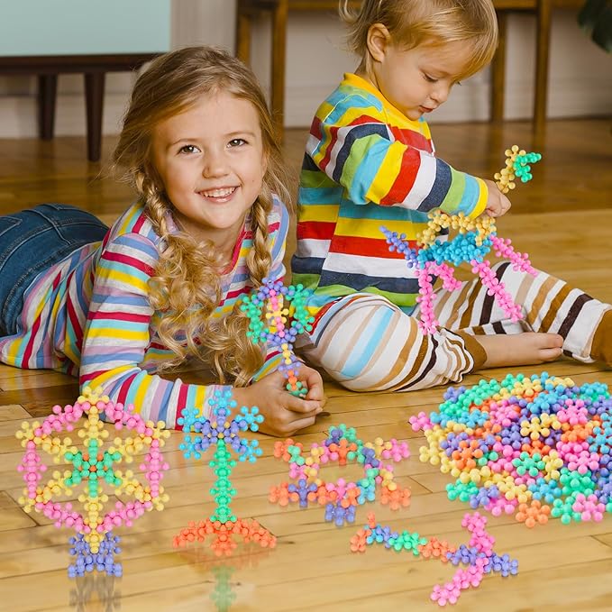 200PCS Interlocking Snowflake Building Block Toy for Kids Ages 3+, Plastic Early Learning Creativity Educational STEM Toy with Carrying Case Safe Material (Macaron Colors)
