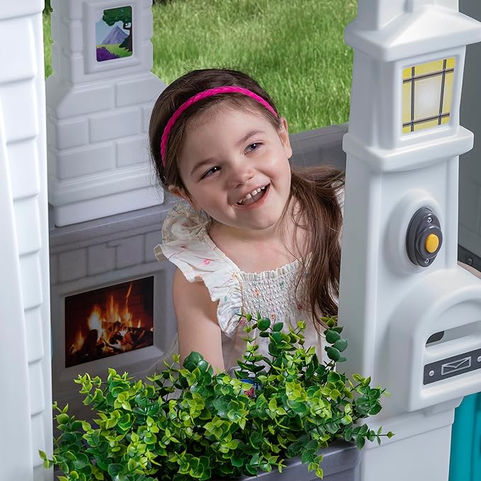 Step2 Neat & Tidy Cottage Kids Playhouse, Indoor/Outdoor Playset, Interactive Play with Sounds, Made of Durable Plastic, for Toddlers 1.5+ Years Old, Grey