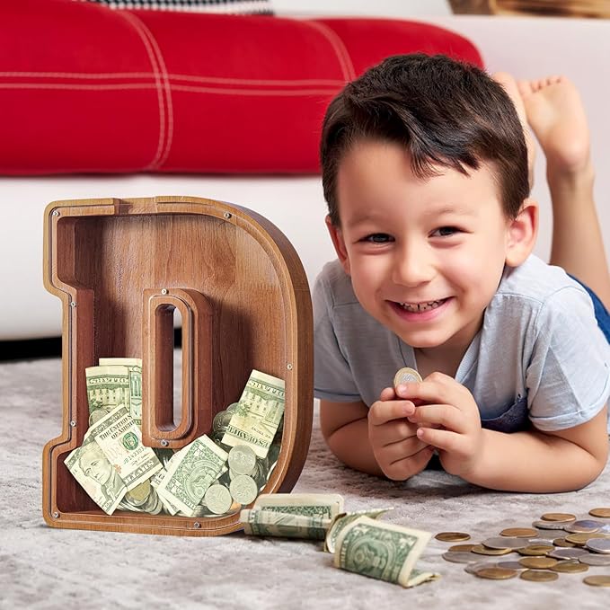 Summidate Large Wooden Piggy Bank for Kids Adults, Alphabets Letter A-Z Piggy Bank for Boys Girls, Coins Bills Change Bank Box Personalized Initial Name Kids Money Bank for Birthday Present and Decor