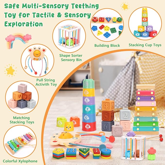 Montessori Baby Toys 6-12 Months Sensory Boxes & Teethers. 6-in-1 Stacking Blocks with Crab Design. Shape Sorting & Sensory Toys for 6-36 Months Babies.