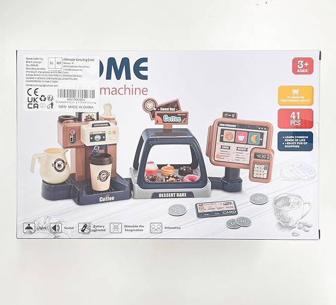 Pretend Play Coffee Maker Toy Role Play Coffee Shop Party Playset with Coffee Machine Cash Registers Toy Food Dessert Donuts Cakes Set Early Learning Funtional Toy for Kids Birthday