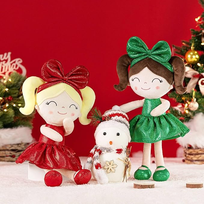 Gloveleya Christmas Baby Doll – Soft Plush Girl Toy in Green Dress, Doll for Kids, Xmas Décor & Keepsake, 12 Inches